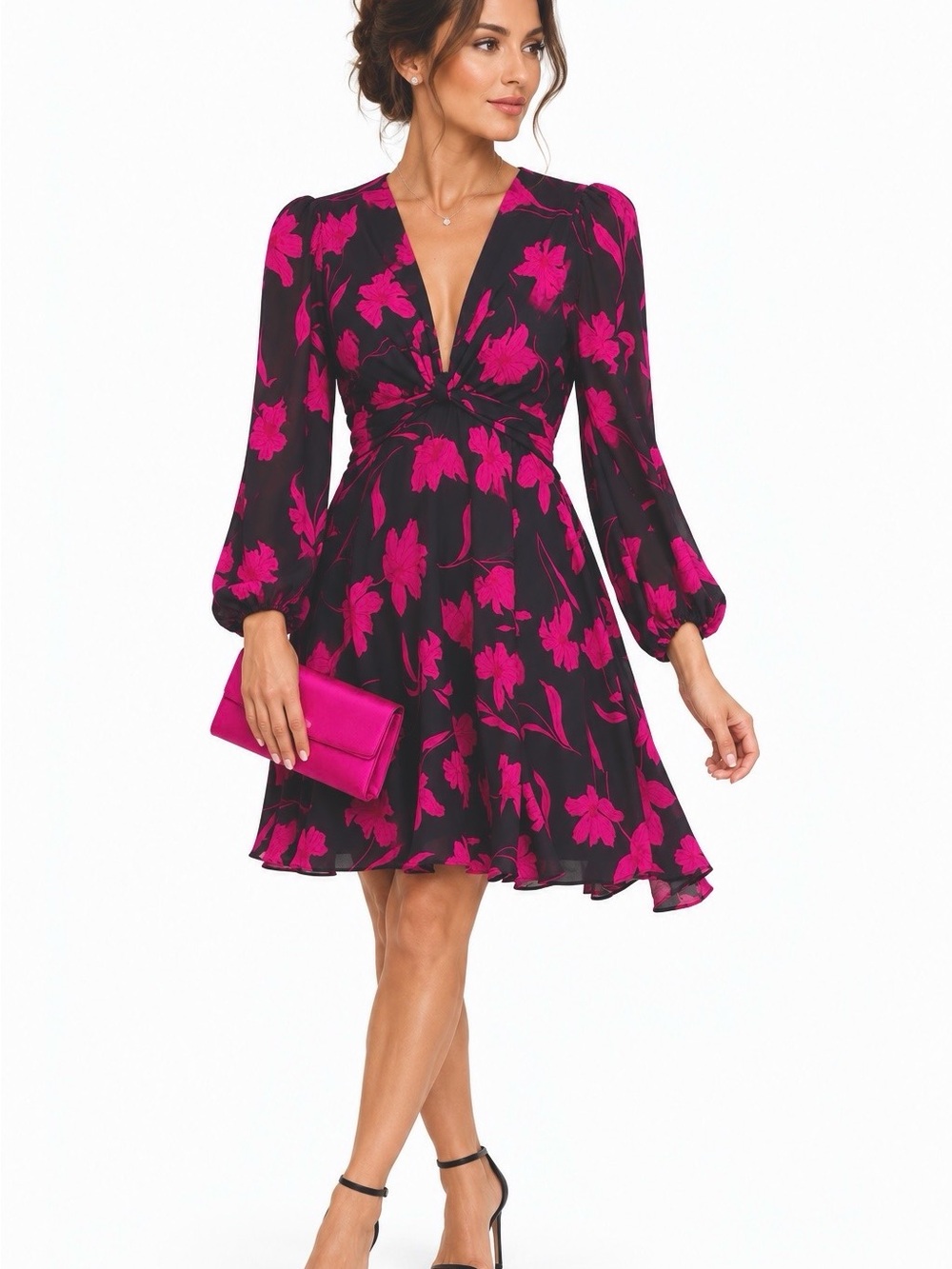 Banana Republic Pink Floral Deep V-Neck Twist Front Mini Dress - Size 4